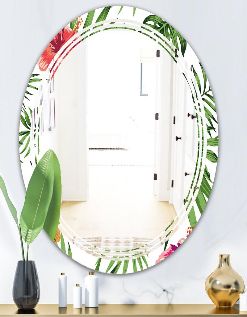 DesignQ Tropical Botanicals And Flowers II - Modern Round Or Oval Wall Mirror - Triple C