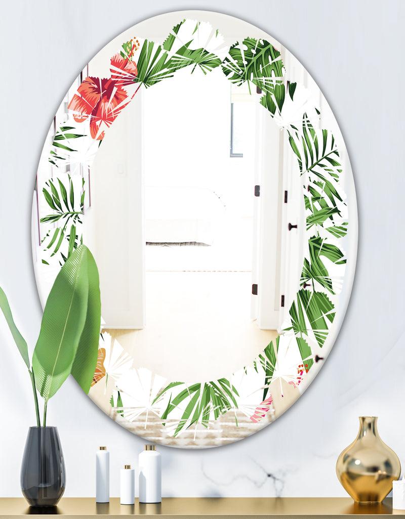 DesignQ Tropical Botanicals And Flowers II - Modern Round Or Oval Wall Mirror - Leaves