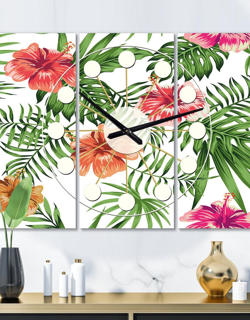 DesignQ Tropical Botanicals and Flowers II - Oversized Mid-Century wall clock - 3 Panels