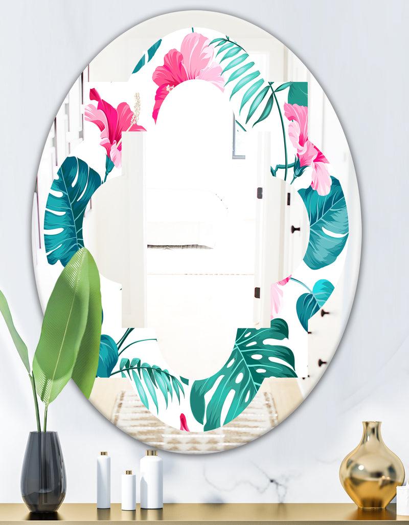 DesignQ Tropical Botanicals And Flowers - Modern Round Or Oval Wall Mirror - Quatrefoil