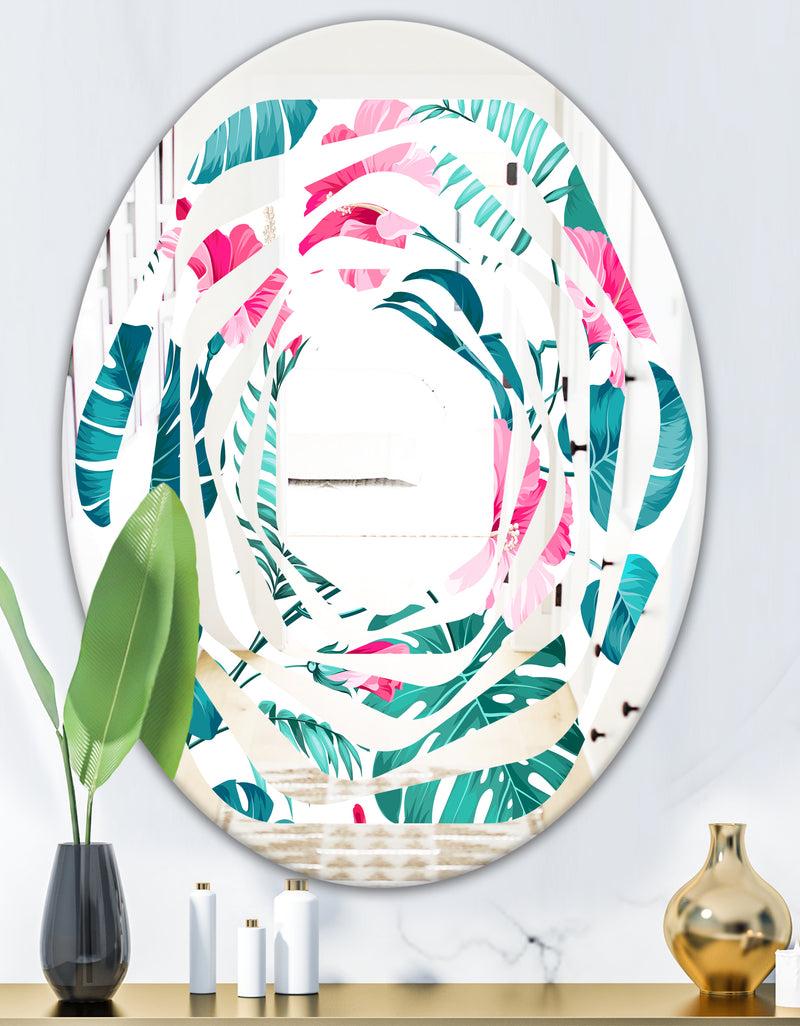 DesignQ Tropical Botanicals And Flowers - Modern Round Or Oval Wall Mirror - Whirl