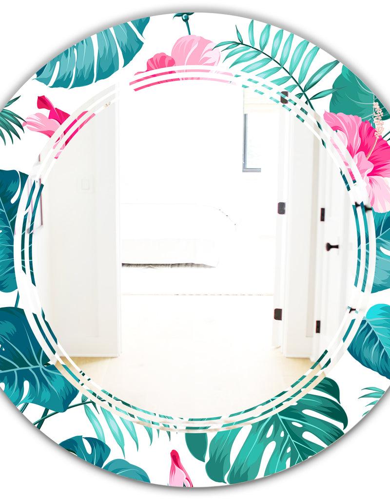DesignQ Tropical Botanicals And Flowers - Modern Round Or Oval Wall Mirror - Triple C