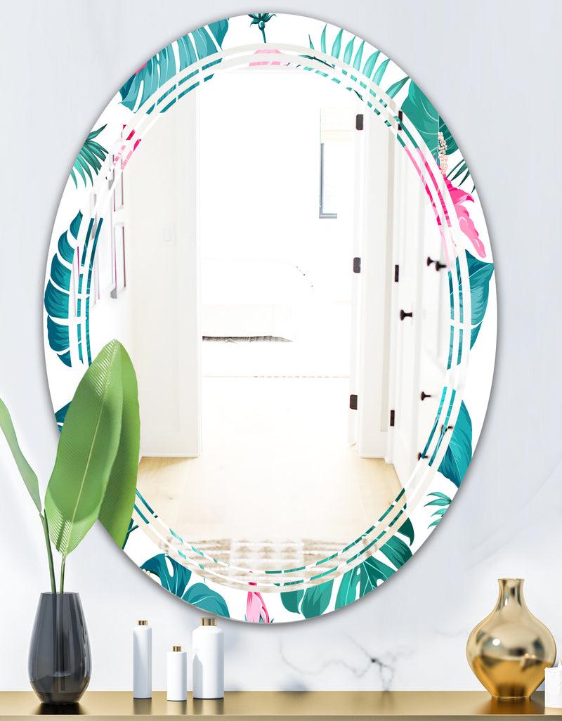DesignQ Tropical Botanicals And Flowers - Modern Round Or Oval Wall Mirror - Triple C