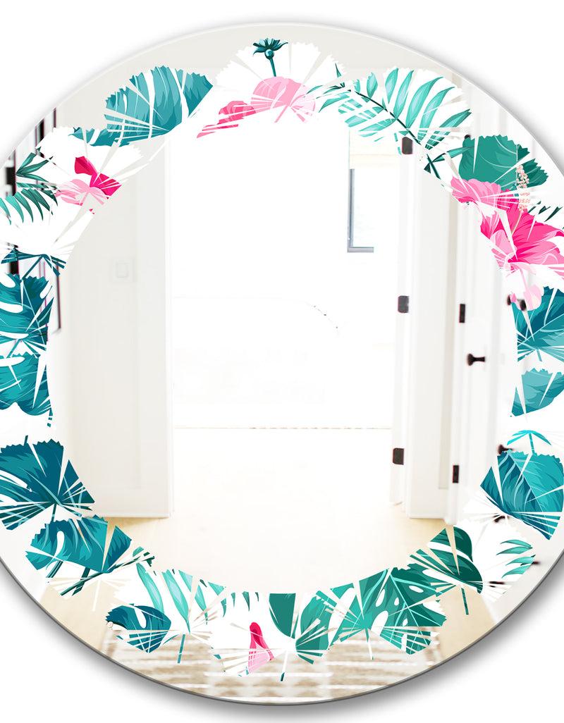 DesignQ Tropical Botanicals And Flowers - Modern Round Or Oval Wall Mirror - Leaves