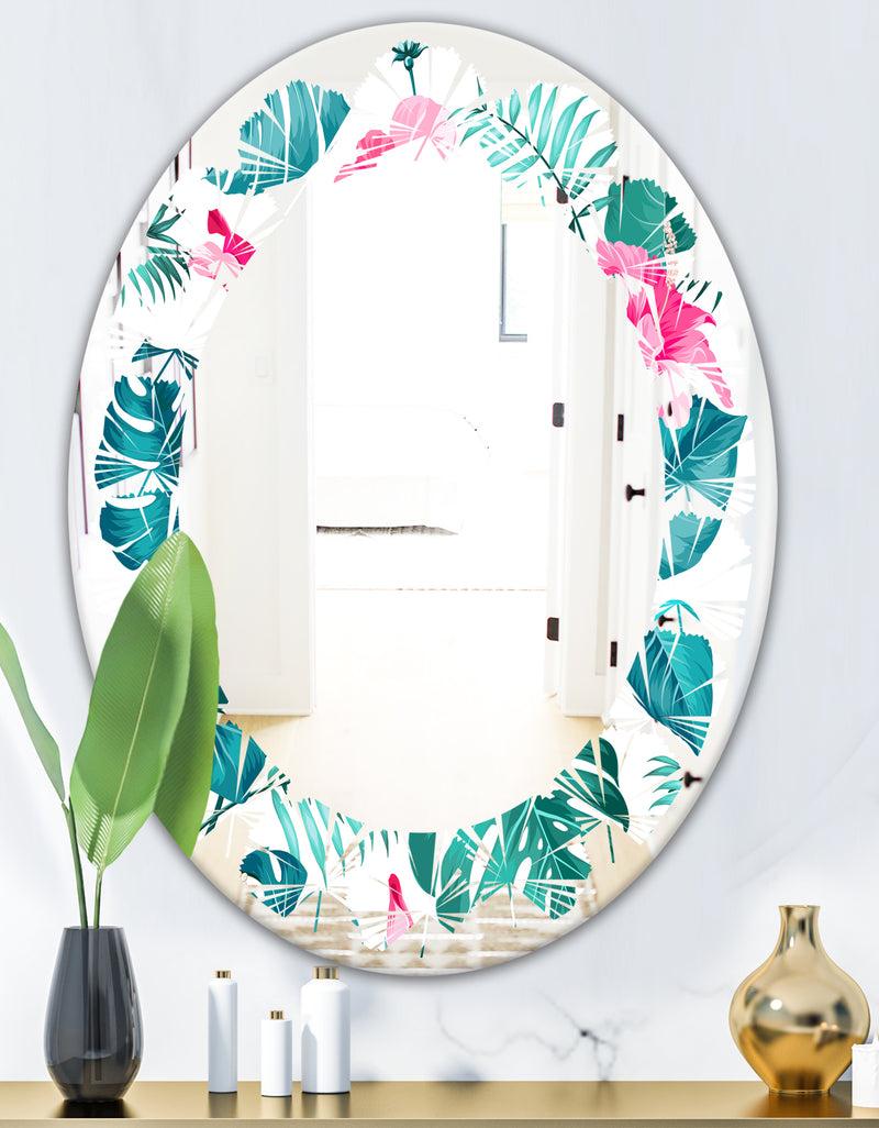 DesignQ Tropical Botanicals And Flowers - Modern Round Or Oval Wall Mirror - Leaves