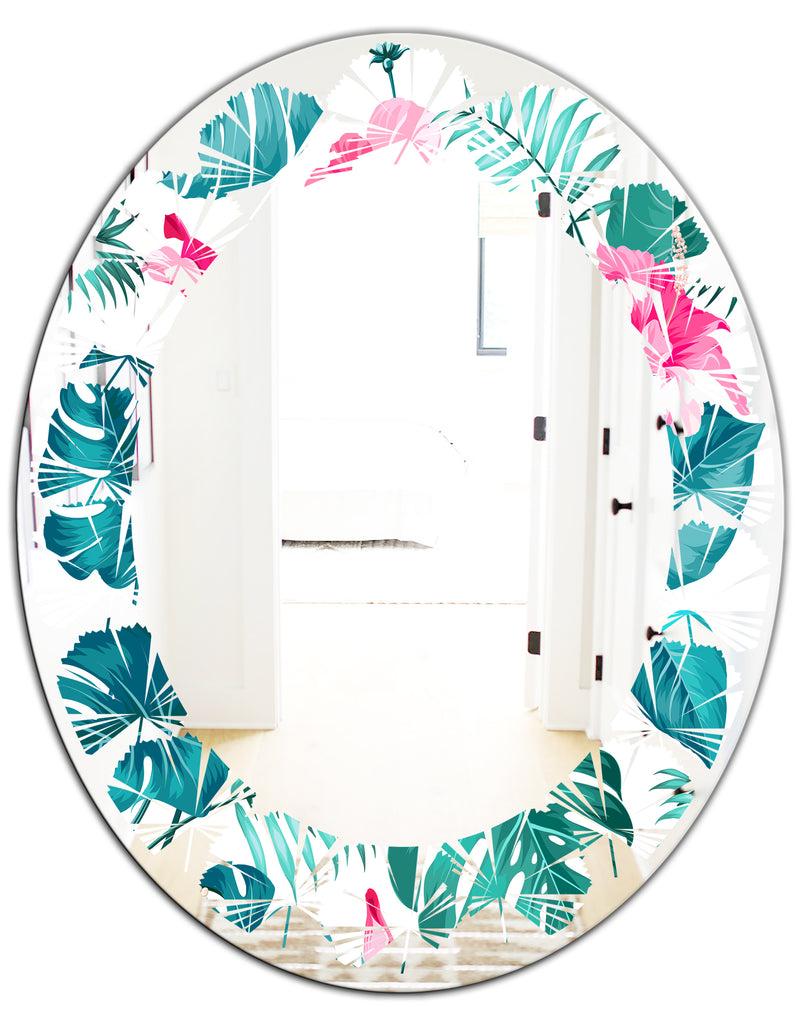 DesignQ Tropical Botanicals And Flowers - Modern Round Or Oval Wall Mirror - Leaves