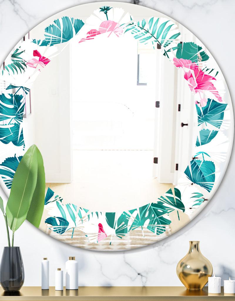 DesignQ Tropical Botanicals and Flowers - Modern Round or Oval Wall Mirror - Leaves