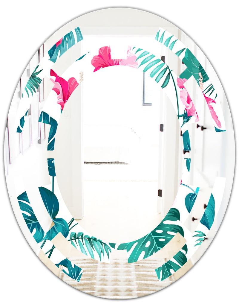 DesignQ Tropical Botanicals And Flowers - Modern Round Or Oval Wall Mirror - Space