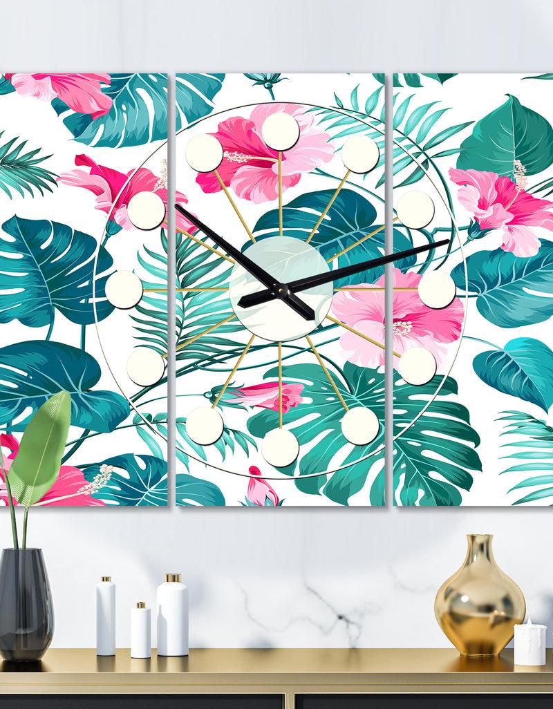 DesignQ Tropical Botanicals and Flowers - Oversized Mid-Century wall clock - 3 Panels
