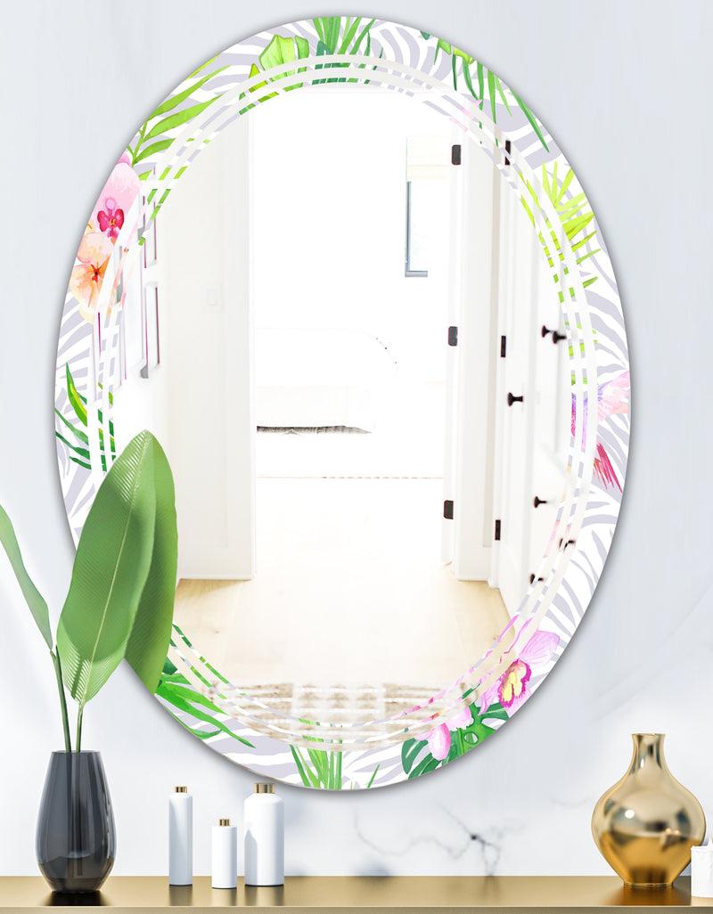DesignQ Tropical Botanicals And Flowers VI - Modern Round Or Oval Wall Mirror - Triple C