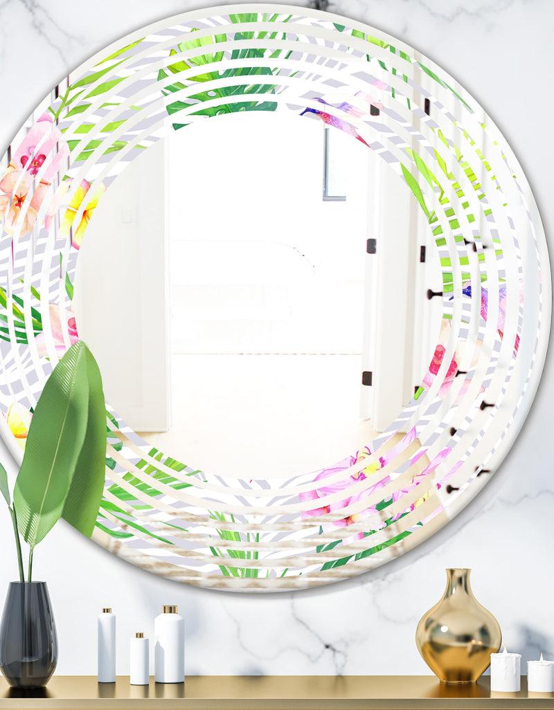 DesignQ Tropical Botanicals and Flowers VI - Modern Round or Oval Wall Mirror - Wave