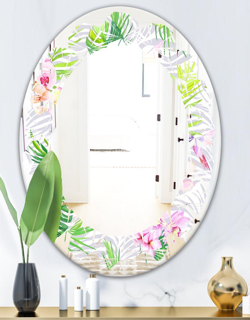 DesignQ Tropical Botanicals And Flowers VI - Modern Round Or Oval Wall Mirror - Leaves