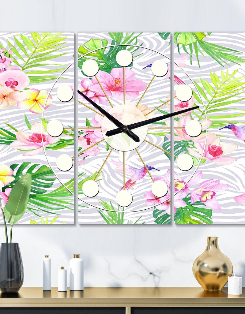 DesignQ Tropical Botanicals and Flowers VI - Oversized Mid-Century wall clock - 3 Panels