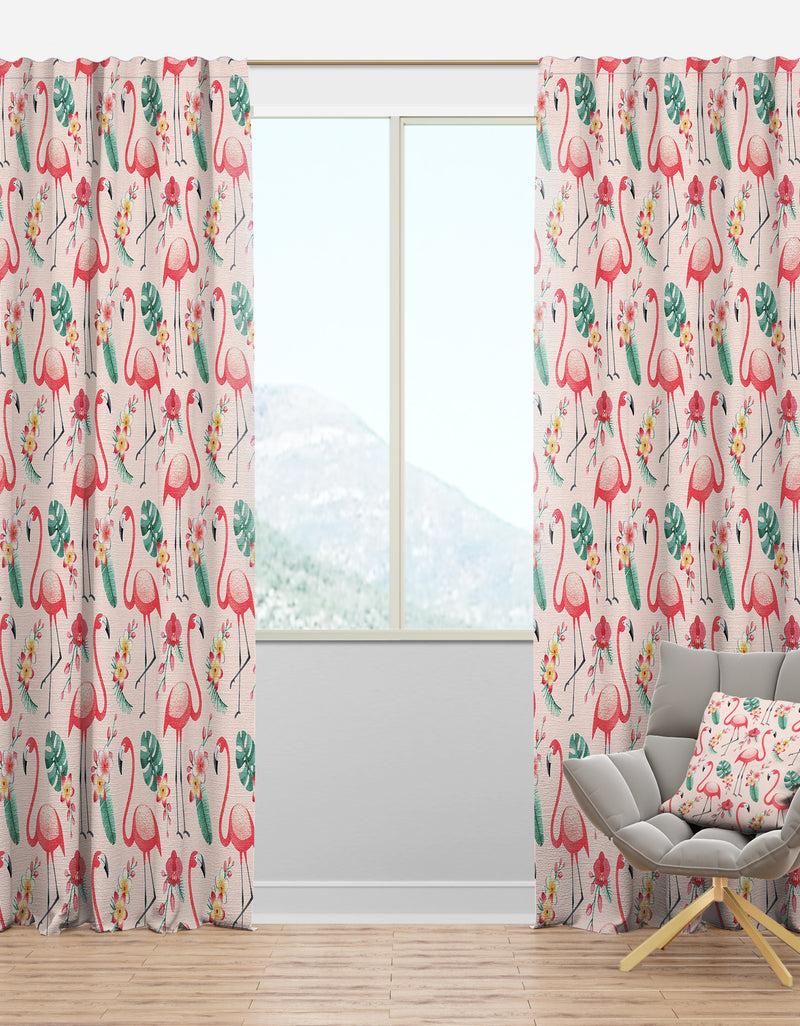 DesignQ Tropical Botanicals Flowers And Flamingo II - Mid-Century Modern Curtain Panels