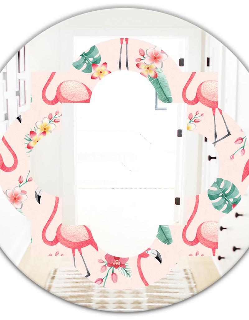 DesignQ Tropical Botanicals Flowers And Flamingo II - Modern Round Or Oval Wall Mirror - Quatrefoil