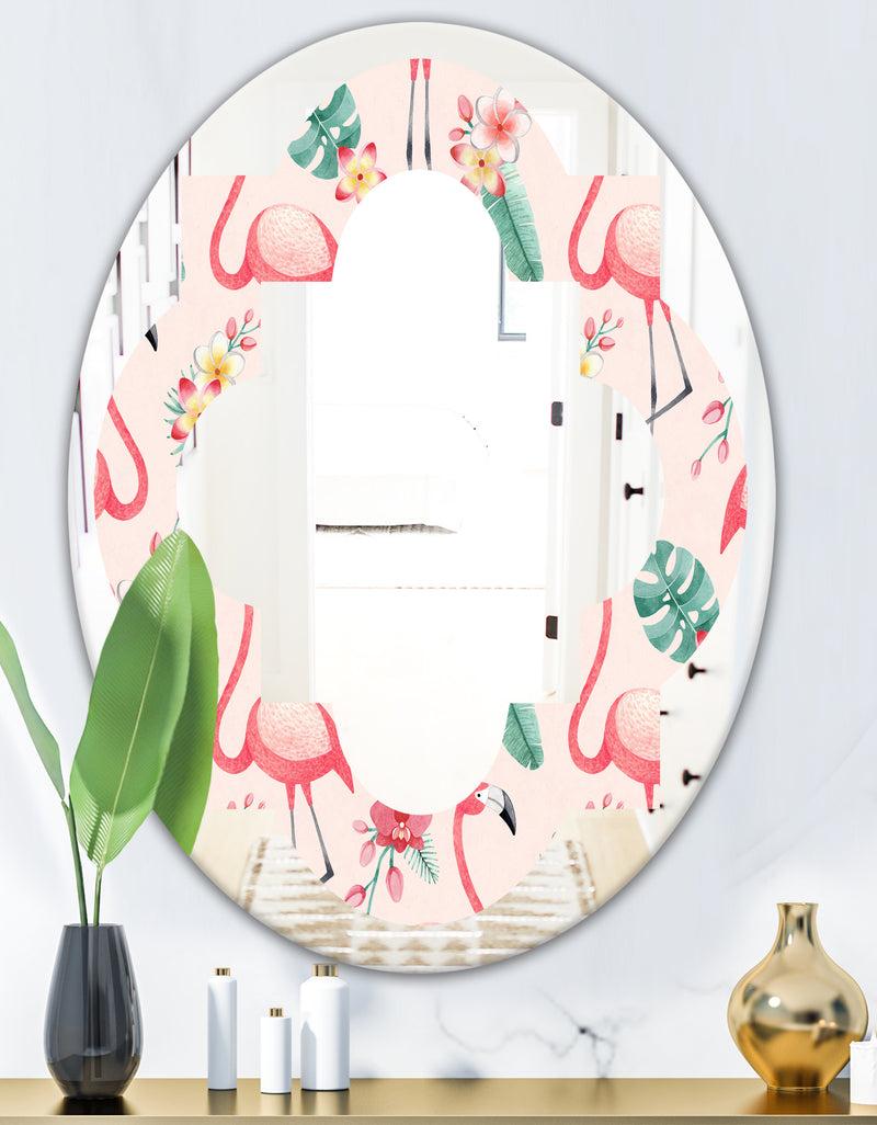 DesignQ Tropical Botanicals Flowers And Flamingo II - Modern Round Or Oval Wall Mirror - Quatrefoil