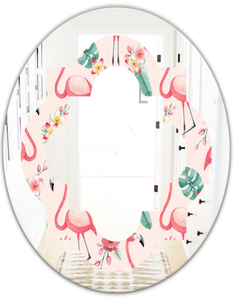 DesignQ Tropical Botanicals Flowers And Flamingo II - Modern Round Or Oval Wall Mirror - Quatrefoil