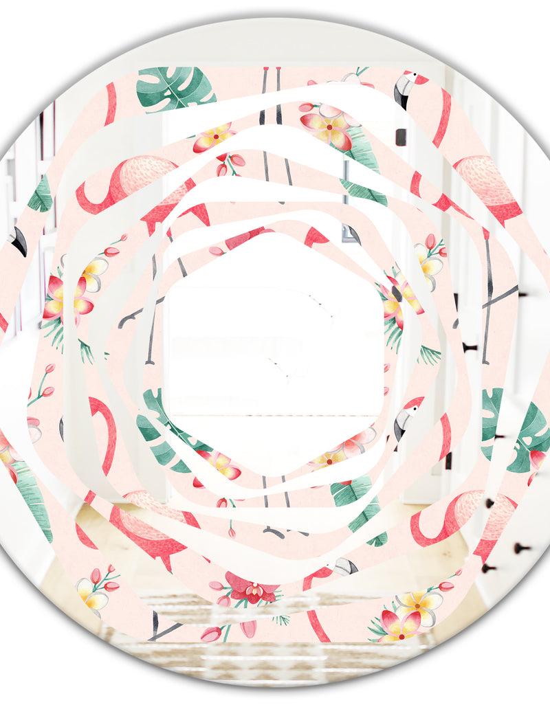 DesignQ Tropical Botanicals Flowers And Flamingo II - Modern Round Or Oval Wall Mirror - Whirl