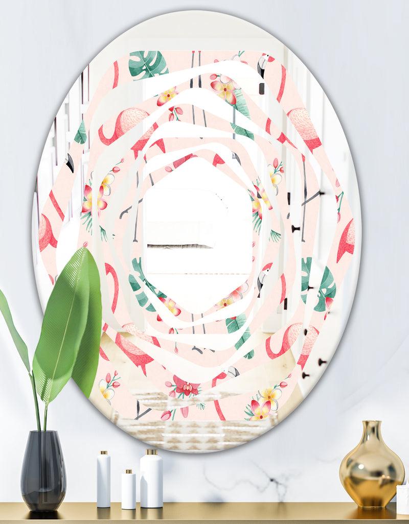DesignQ Tropical Botanicals Flowers And Flamingo II - Modern Round Or Oval Wall Mirror - Whirl