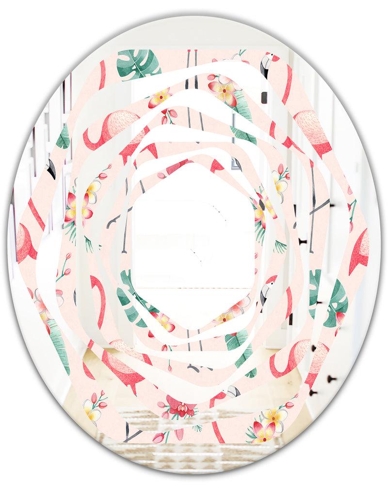 DesignQ Tropical Botanicals Flowers And Flamingo II - Modern Round Or Oval Wall Mirror - Whirl