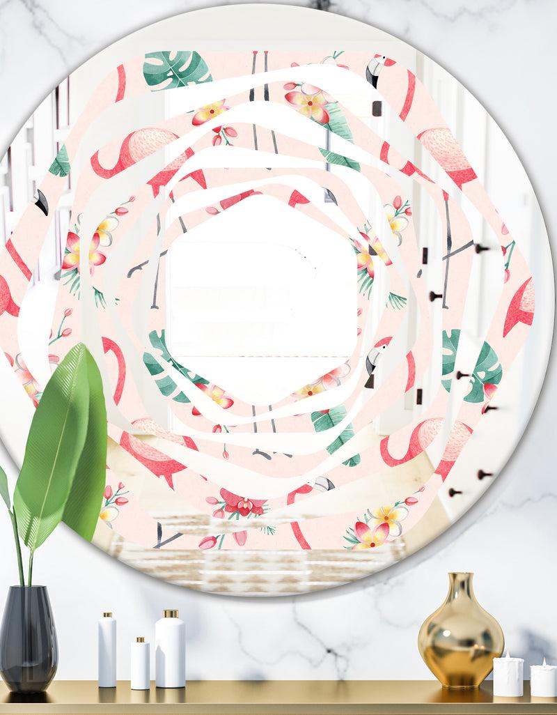 DesignQ Tropical Botanicals Flowers and Flamingo II - Modern Round or Oval Wall Mirror - Whirl