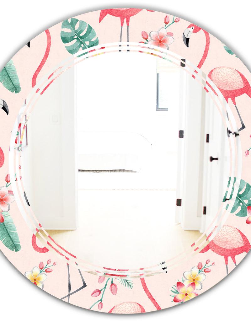 DesignQ Tropical Botanicals Flowers And Flamingo II - Modern Round Or Oval Wall Mirror - Triple C
