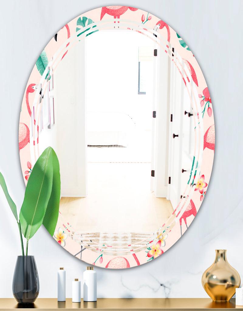 DesignQ Tropical Botanicals Flowers And Flamingo II - Modern Round Or Oval Wall Mirror - Triple C