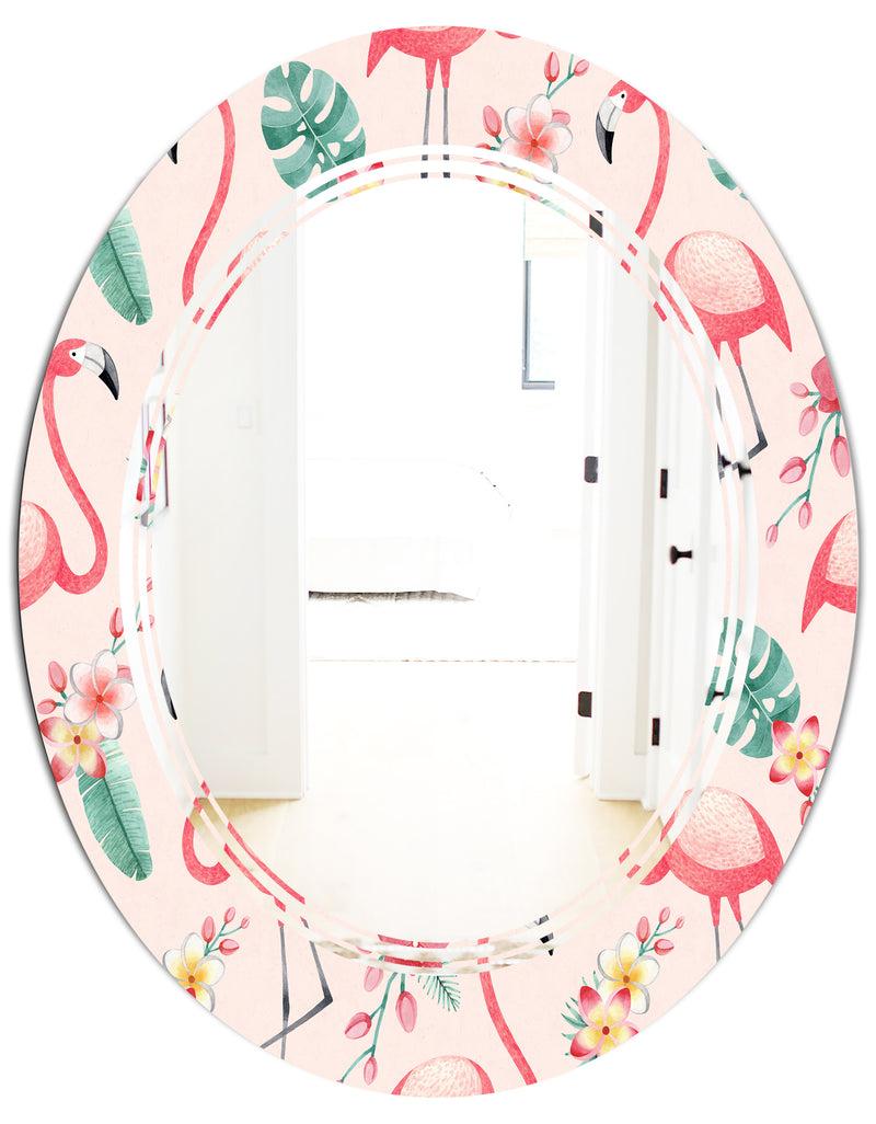 DesignQ Tropical Botanicals Flowers And Flamingo II - Modern Round Or Oval Wall Mirror - Triple C