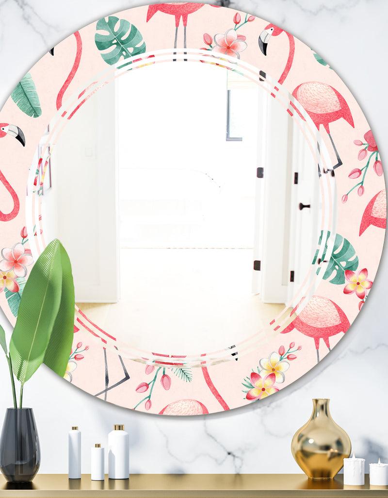 DesignQ Tropical Botanicals Flowers and Flamingo II - Modern Round or Oval Wall Mirror - Triple C