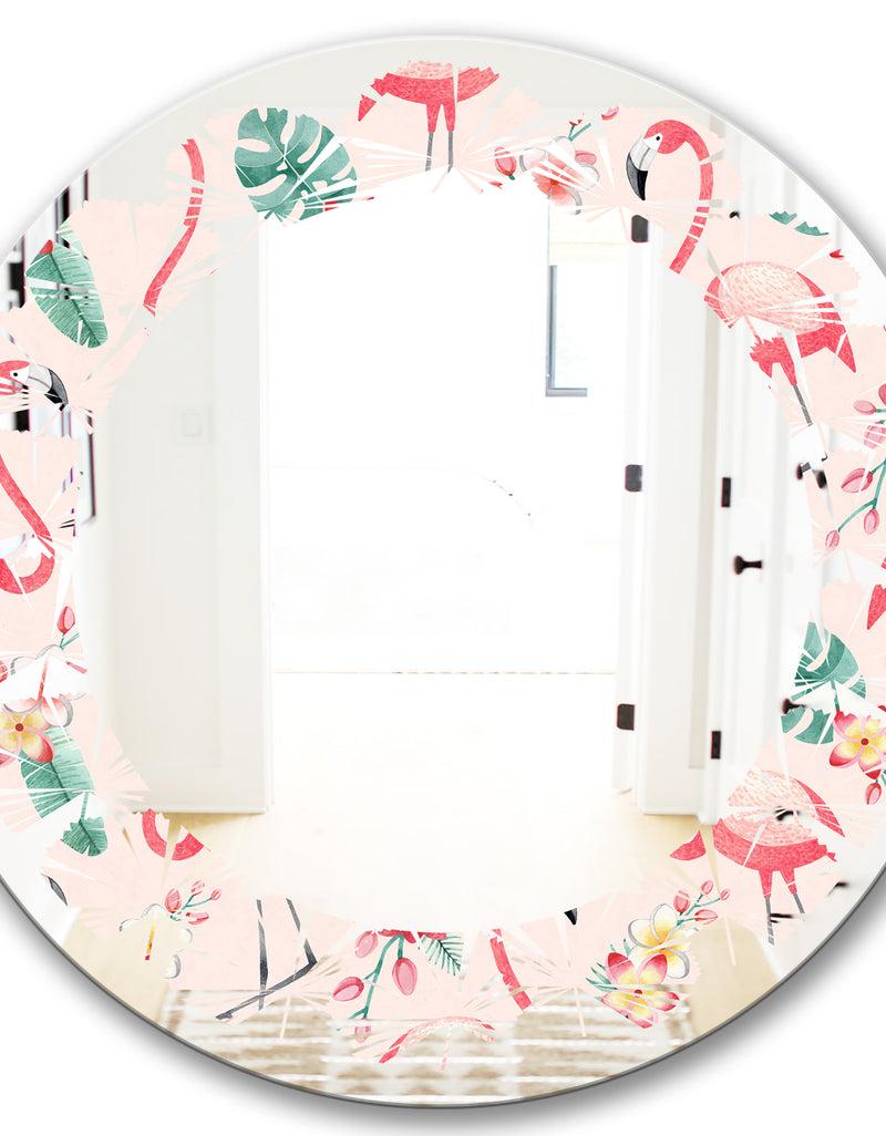 DesignQ Tropical Botanicals Flowers And Flamingo II - Modern Round Or Oval Wall Mirror - Leaves