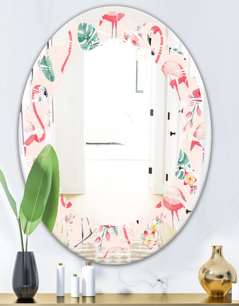 DesignQ Tropical Botanicals Flowers And Flamingo II - Modern Round Or Oval Wall Mirror - Leaves