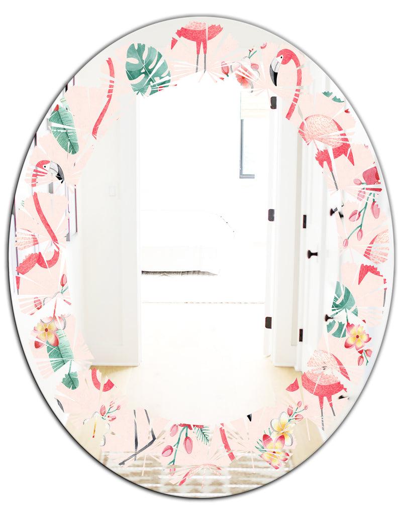DesignQ Tropical Botanicals Flowers And Flamingo II - Modern Round Or Oval Wall Mirror - Leaves