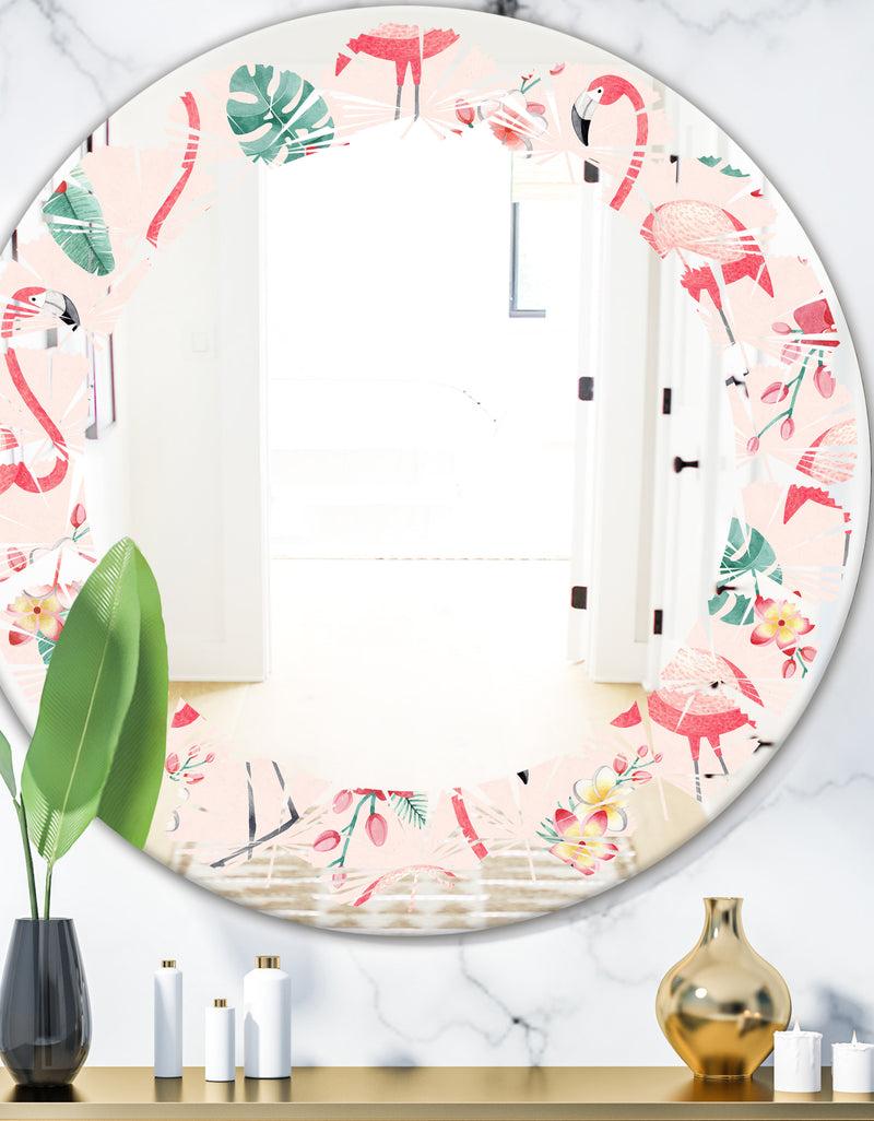 DesignQ Tropical Botanicals Flowers and Flamingo II - Modern Round or Oval Wall Mirror - Leaves