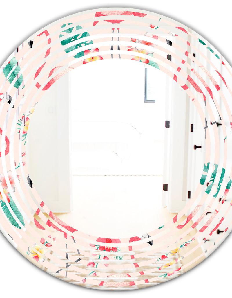 DesignQ Tropical Botanicals Flowers And Flamingo II - Modern Round Or Oval Wall Mirror - Wave