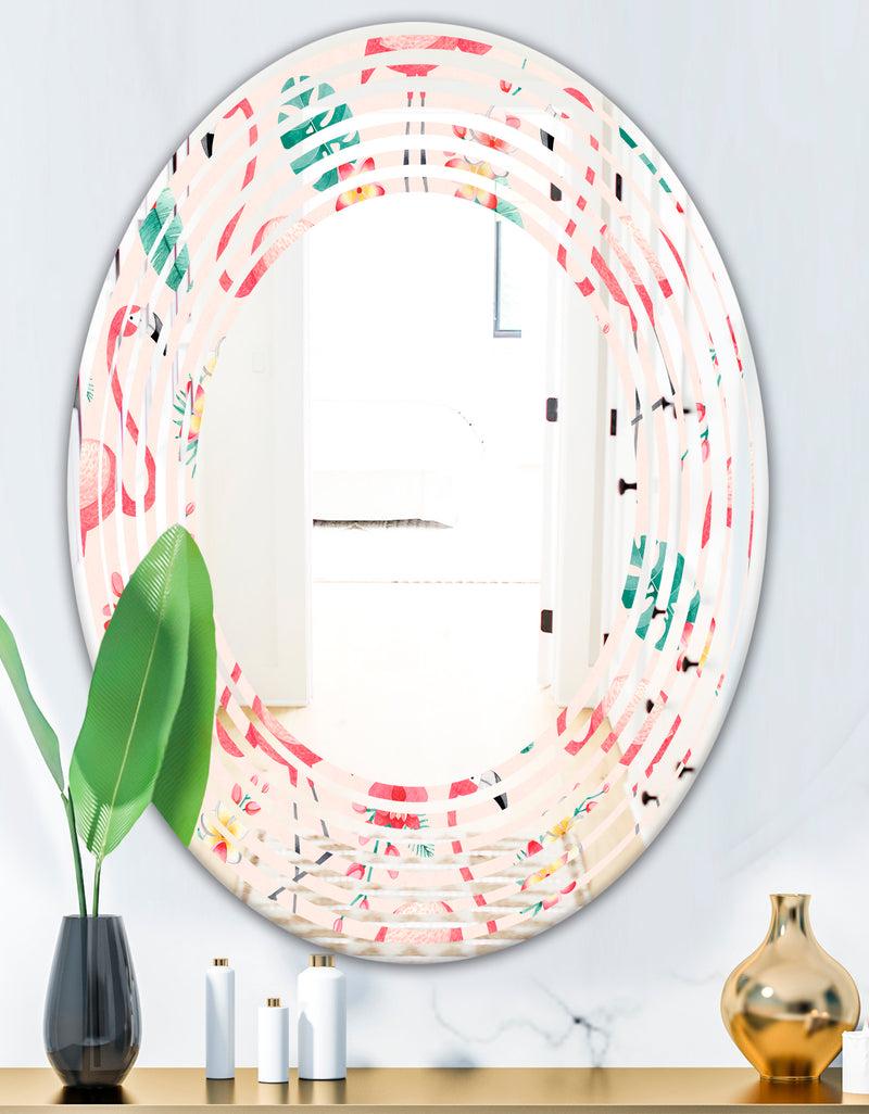 DesignQ Tropical Botanicals Flowers And Flamingo II - Modern Round Or Oval Wall Mirror - Wave