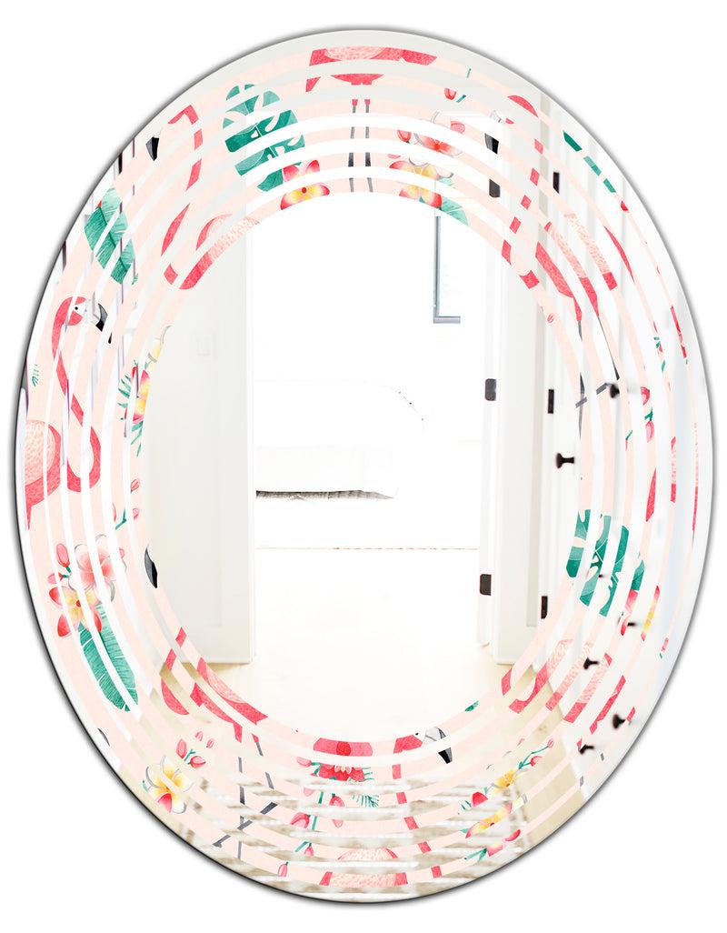 DesignQ Tropical Botanicals Flowers And Flamingo II - Modern Round Or Oval Wall Mirror - Wave