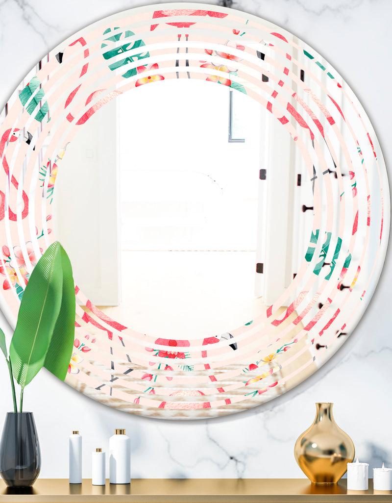DesignQ Tropical Botanicals Flowers and Flamingo II - Modern Round or Oval Wall Mirror - Wave