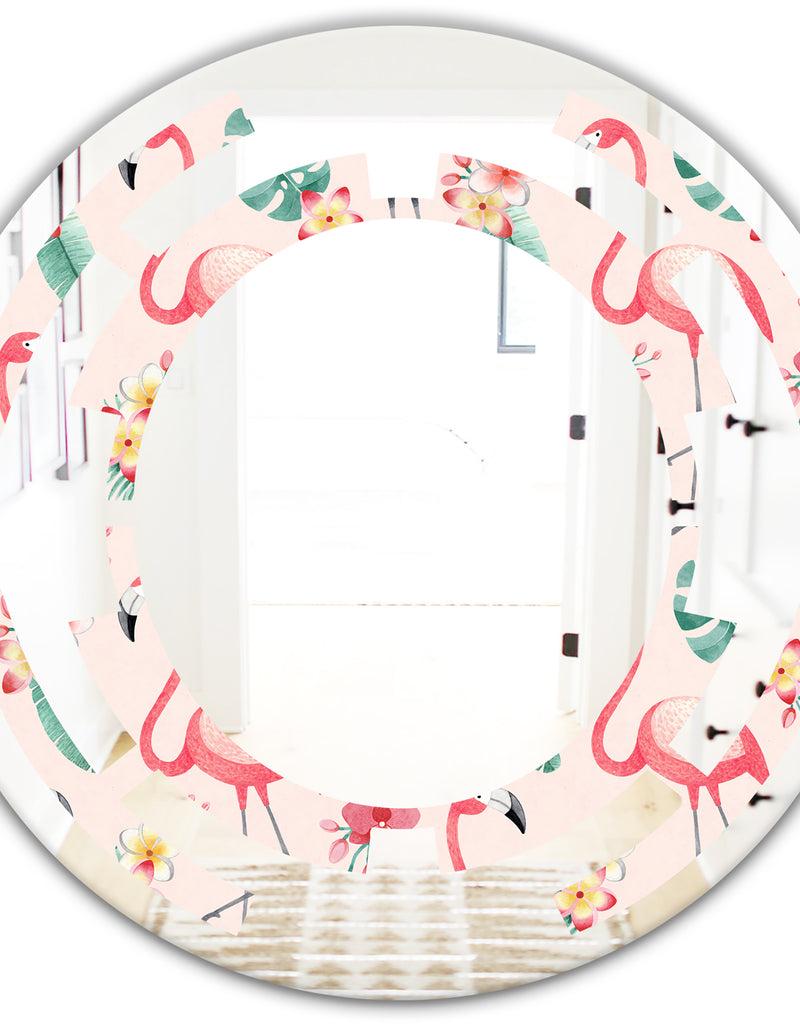DesignQ Tropical Botanicals Flowers And Flamingo II - Modern Round Or Oval Wall Mirror - Space