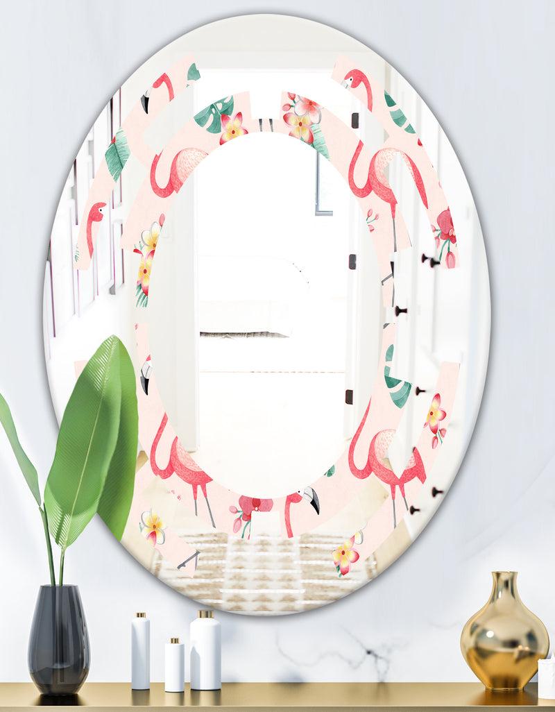 DesignQ Tropical Botanicals Flowers And Flamingo II - Modern Round Or Oval Wall Mirror - Space