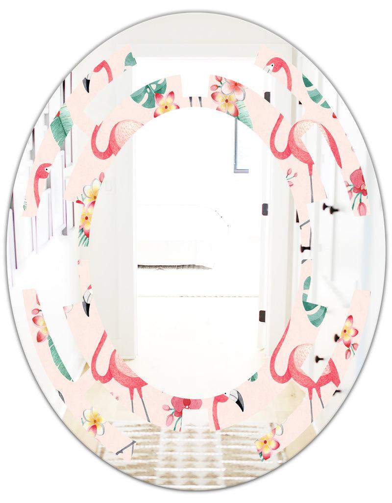 DesignQ Tropical Botanicals Flowers And Flamingo II - Modern Round Or Oval Wall Mirror - Space