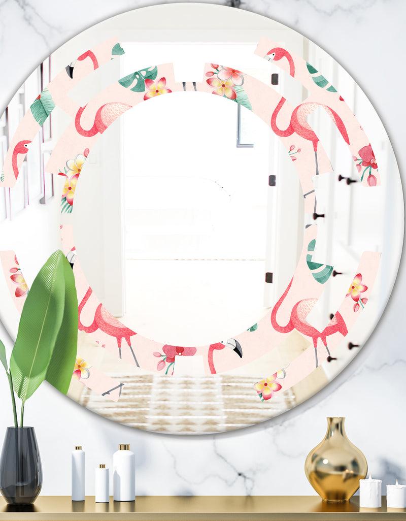 DesignQ Tropical Botanicals Flowers and Flamingo II - Modern Round or Oval Wall Mirror - Space