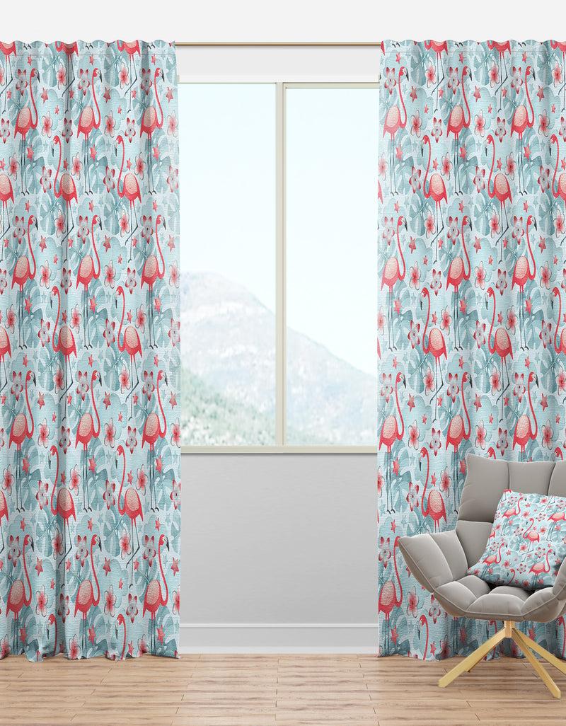 DesignQ Tropical Botanicals Flowers And Flamingo III - Mid-Century Modern Curtain Panels