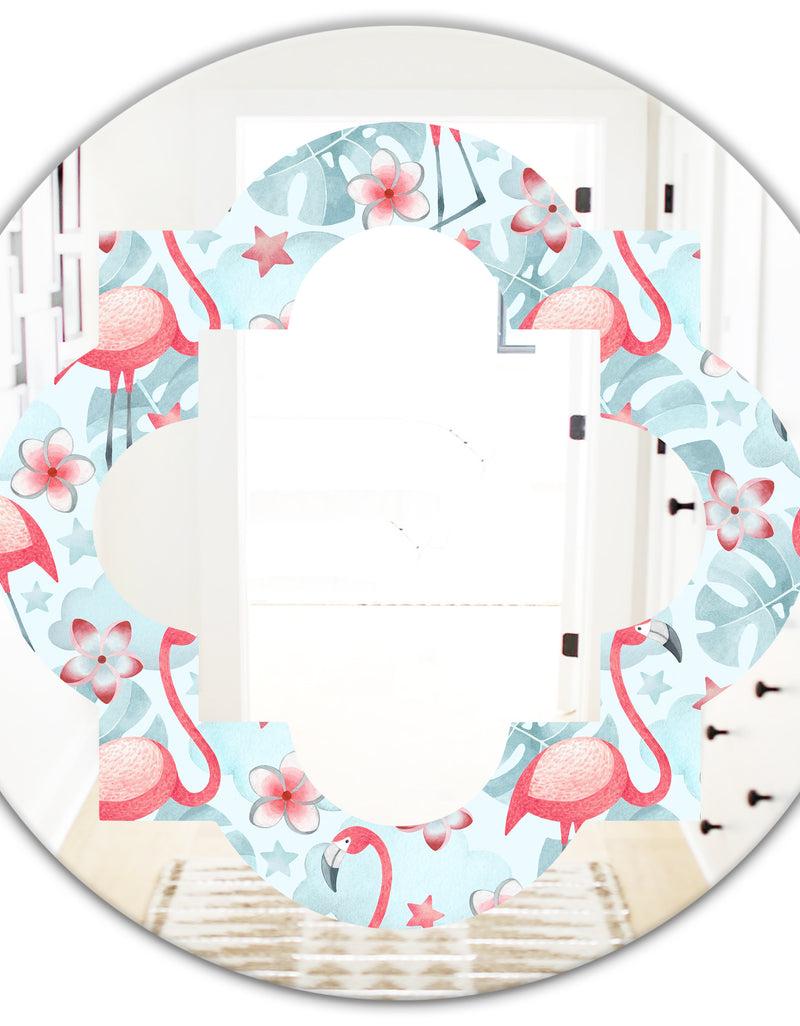 DesignQ Tropical Botanicals Flowers And Flamingo III - Modern Round Or Oval Wall Mirror - Quatrefoil