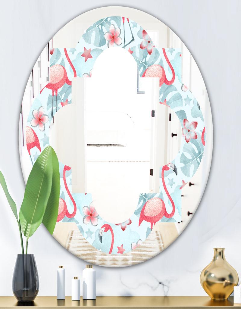 DesignQ Tropical Botanicals Flowers And Flamingo III - Modern Round Or Oval Wall Mirror - Quatrefoil