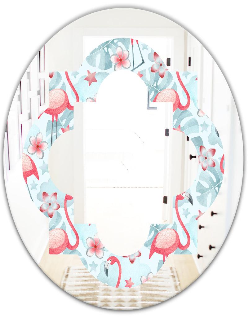 DesignQ Tropical Botanicals Flowers And Flamingo III - Modern Round Or Oval Wall Mirror - Quatrefoil
