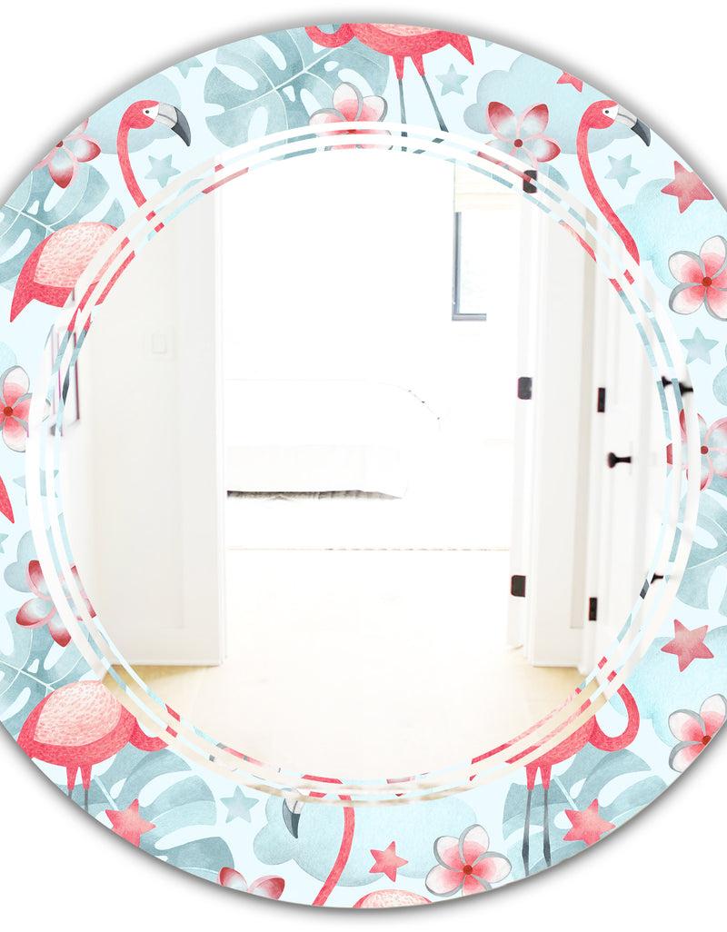 DesignQ Tropical Botanicals Flowers And Flamingo III - Modern Round Or Oval Wall Mirror - Triple C
