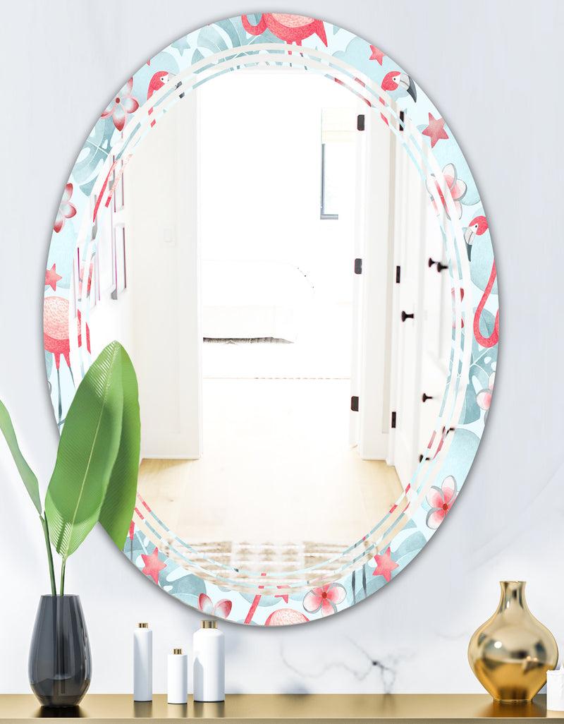 DesignQ Tropical Botanicals Flowers And Flamingo III - Modern Round Or Oval Wall Mirror - Triple C