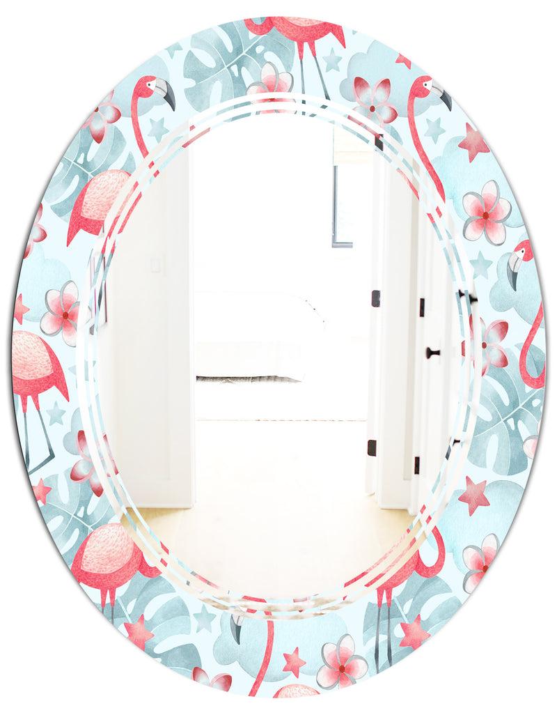 DesignQ Tropical Botanicals Flowers And Flamingo III - Modern Round Or Oval Wall Mirror - Triple C