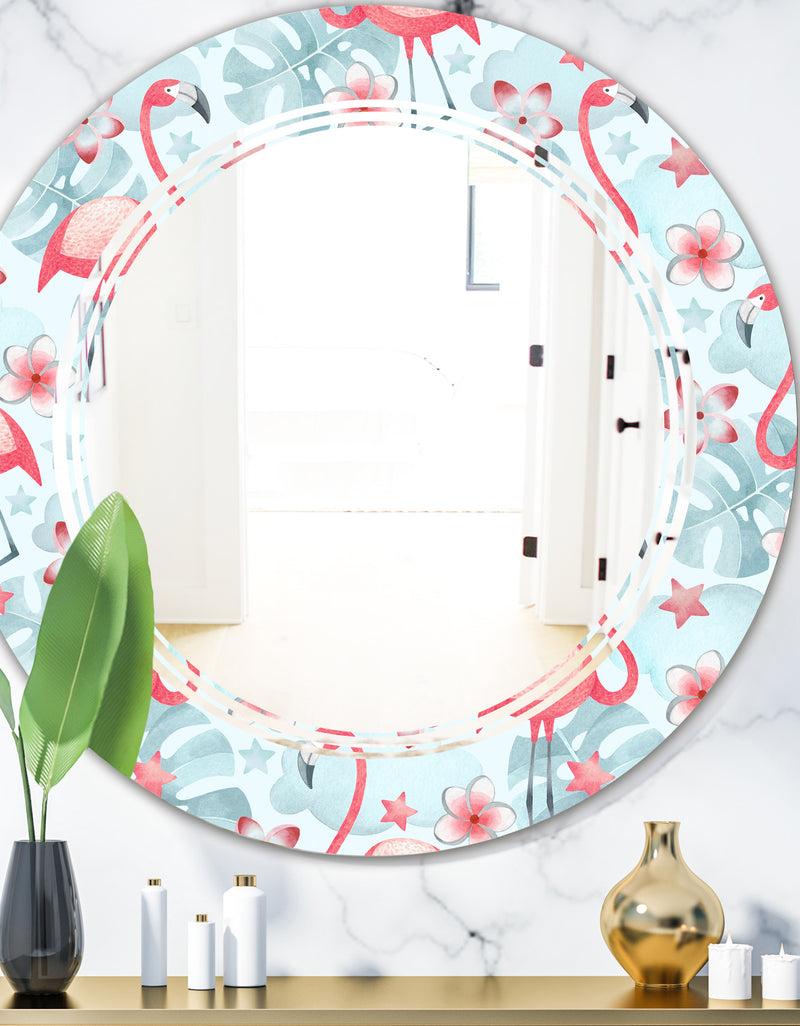 DesignQ Tropical Botanicals Flowers and Flamingo III - Modern Round or Oval Wall Mirror - Triple C