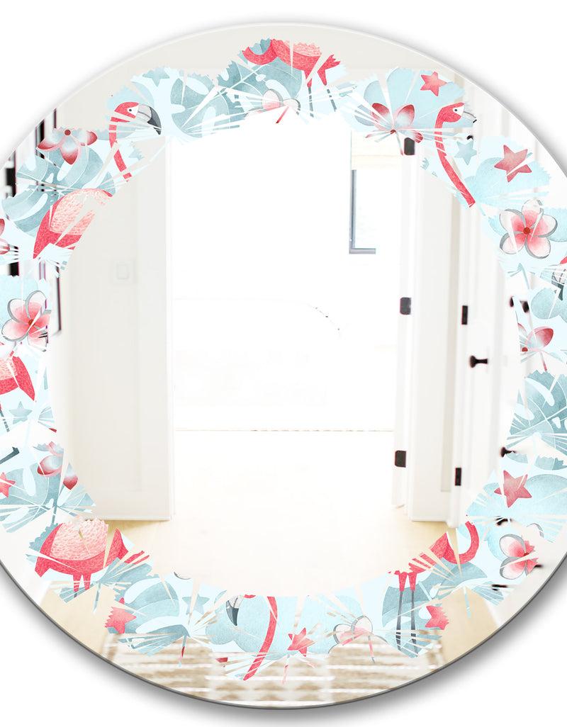 DesignQ Tropical Botanicals Flowers And Flamingo III - Modern Round Or Oval Wall Mirror - Leaves
